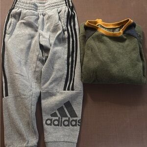 Adidas Kids Gray Jogger Pants and forest green crew neck